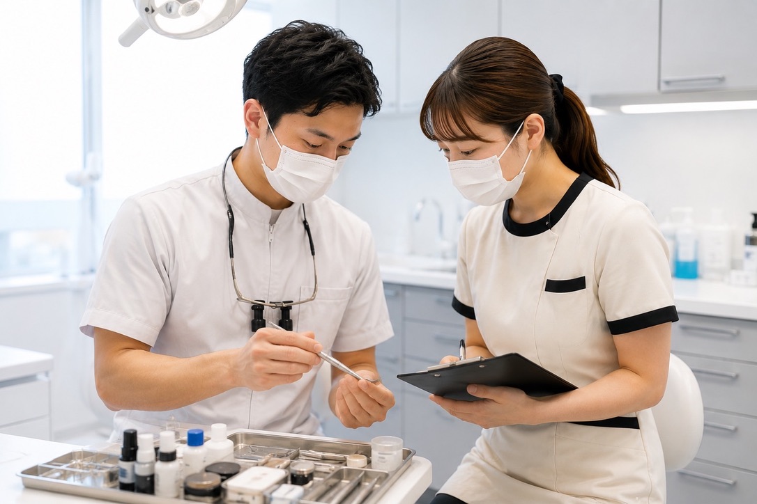 歯科医師が歯科助手に器具の使い方を指導している様子