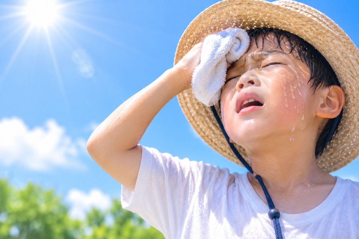 炎天下で汗を拭く子ども