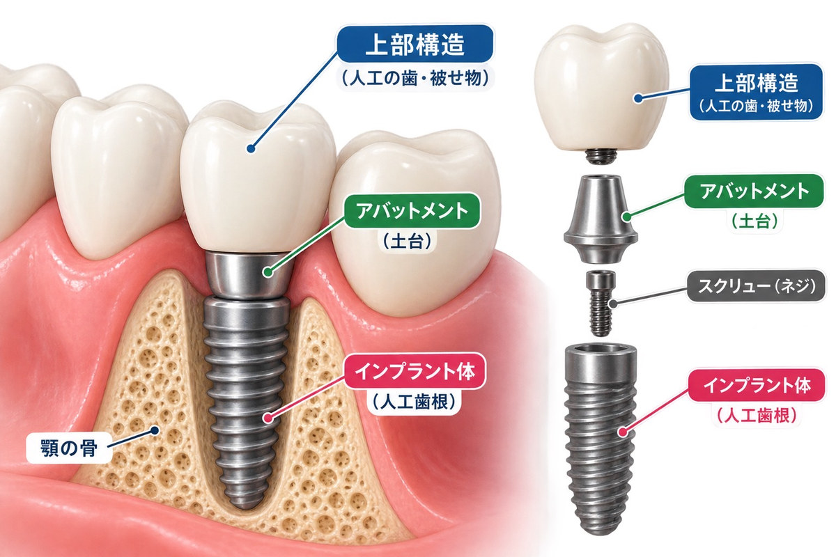 インプラントの構造（上部構造・アバットメント・インプラント体）