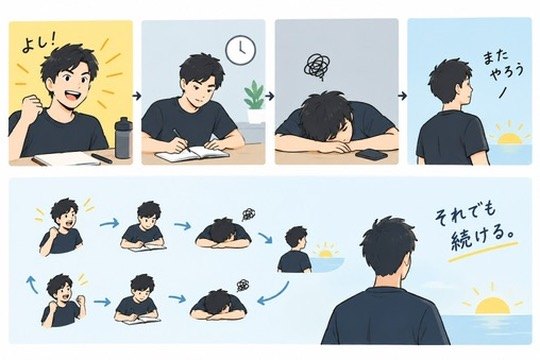 やる気に満ちて始め、途切れ、また始めることを繰り返すサイクルのイラスト